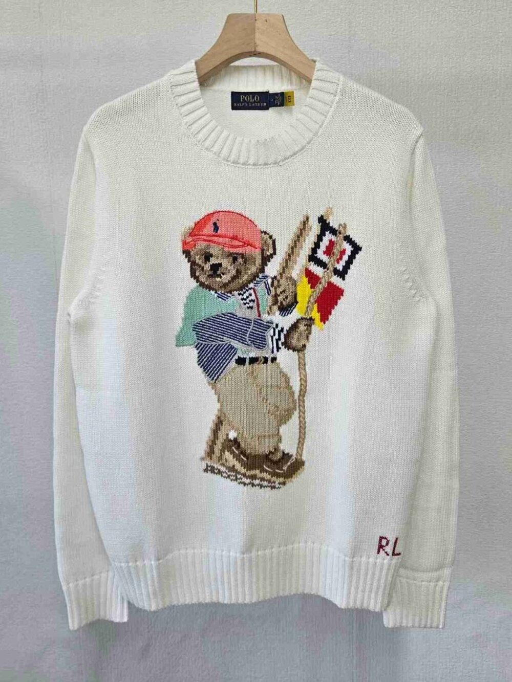 Polo Ralph Lauren Red Cap Polo Bear with Nautical Flags Cream Knit Sweater